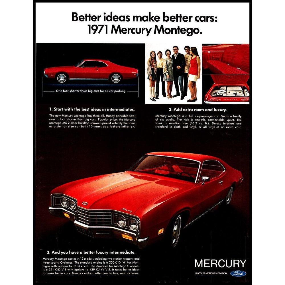 1971 Mercury Montego 2 Door Hardtop Vintage Print Ad Red Classic Car Wall Art